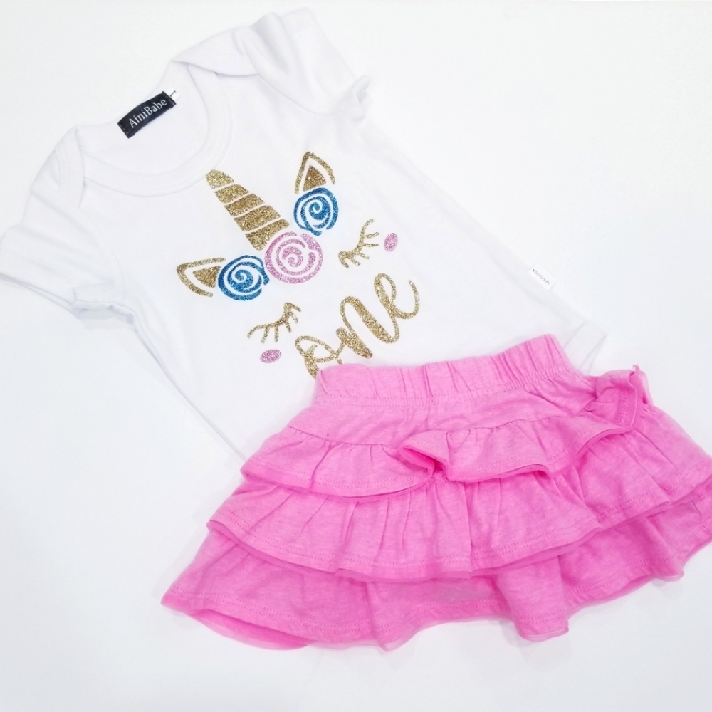 Unicorn 1st Birthday Outfit Set | Pink Ruffle Skirt | Size 12M